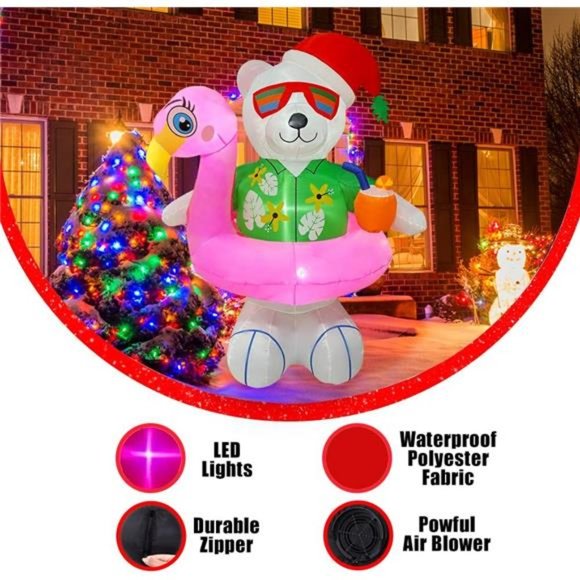 6ft Christmas Inflatables Hawaiian Polar Bear with Flamingo Pool Float Decor - Picture 4 of 6